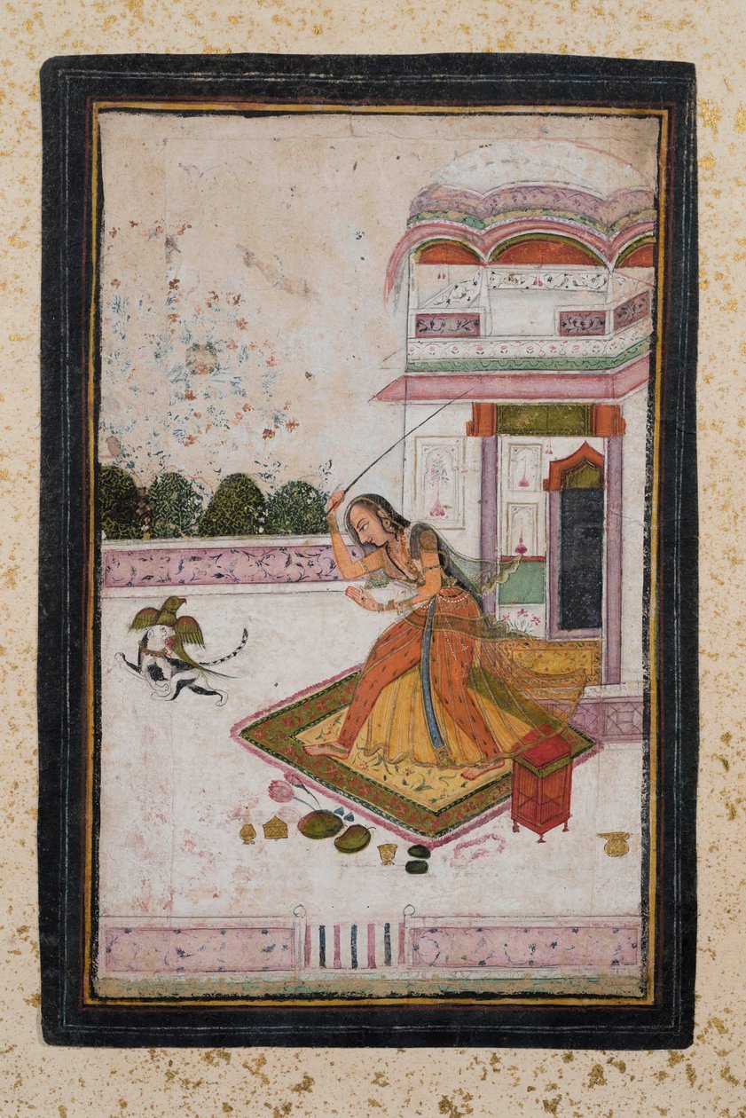 Pige jagter en kat (gouache på papir, guldudsmykning) af Indian School