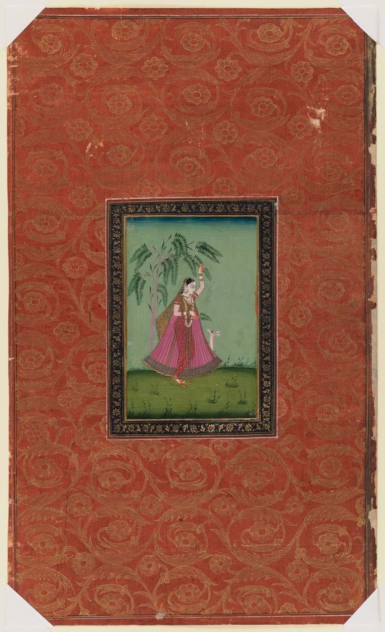 Pige med en hjort, 1875-1900 (ugennemsigtigt wc & guld på papir) af Indian School