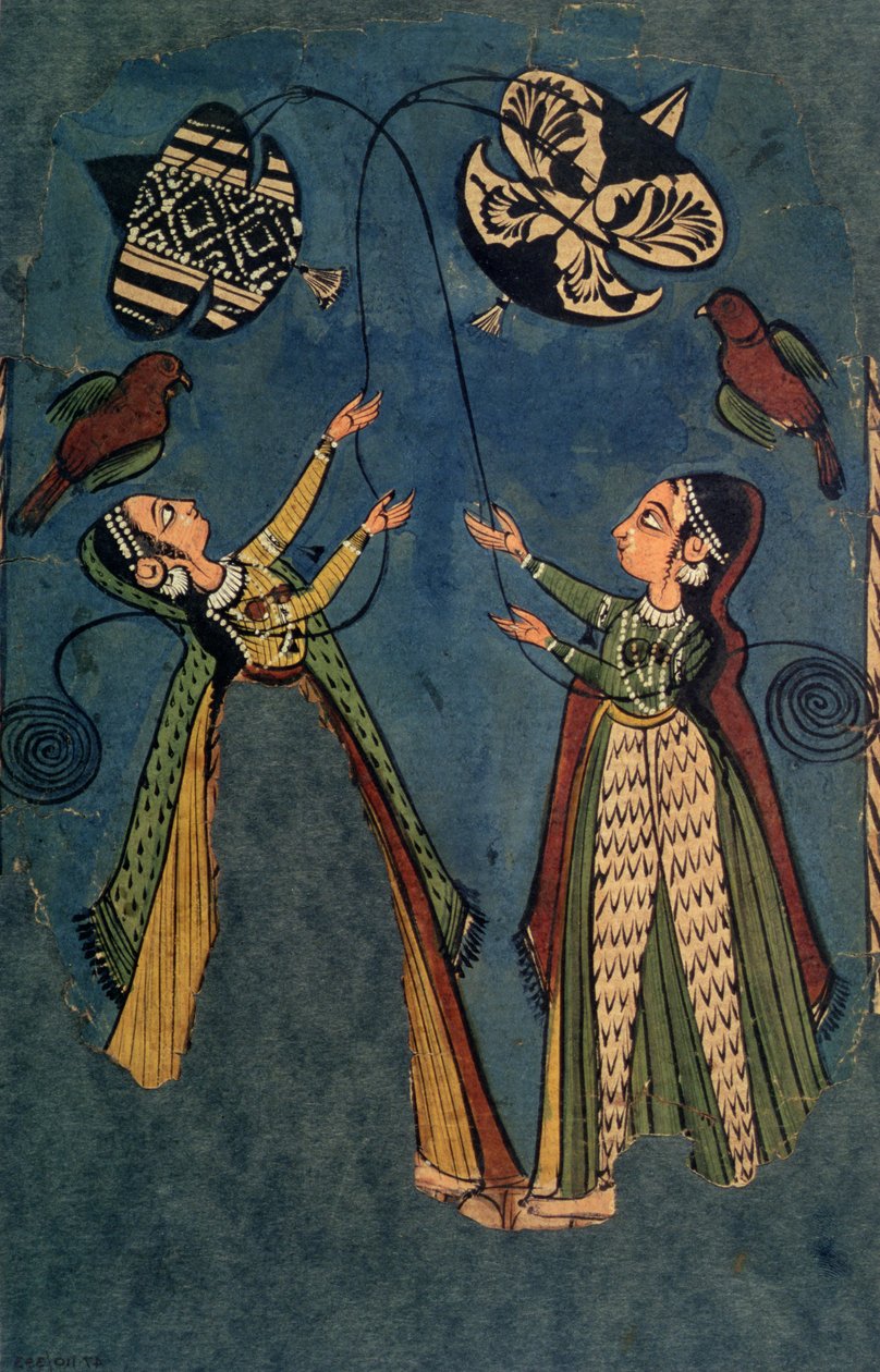 Girls Flying Kits, Kullu Folk Painting, Himachal Pradesh af Indian School