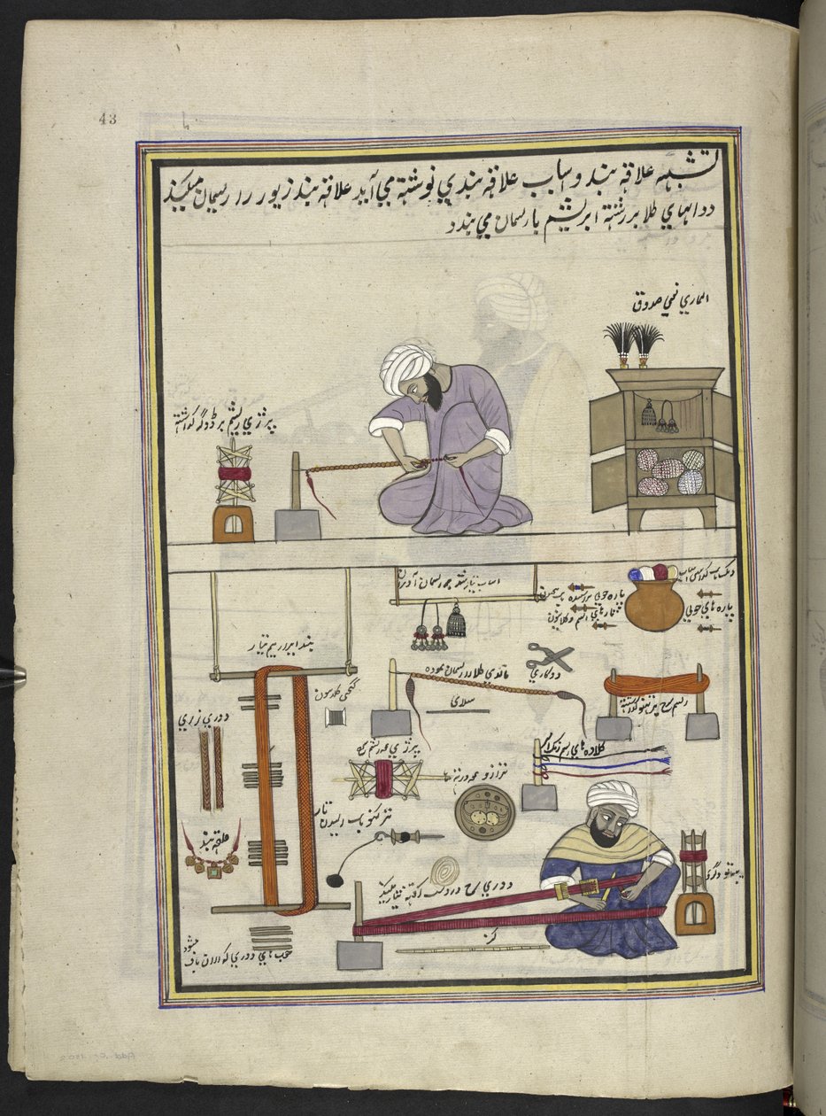 Guld blonder og fletningsmagere,  86 tegninger indbundet i et bind, der viser håndværk og erhverv i Kashmir, håndværkere vises i arbejde med deres redskaber og udstyr,  Af en Kashmir-kunstner, sandsynligvis i Srinagar, ca. 1850-60 (gouache på papir) af Indian School