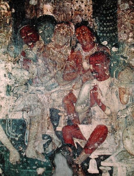 Gruppe af figurer, fra det indre af Cave 16 (fresco) af Indian School