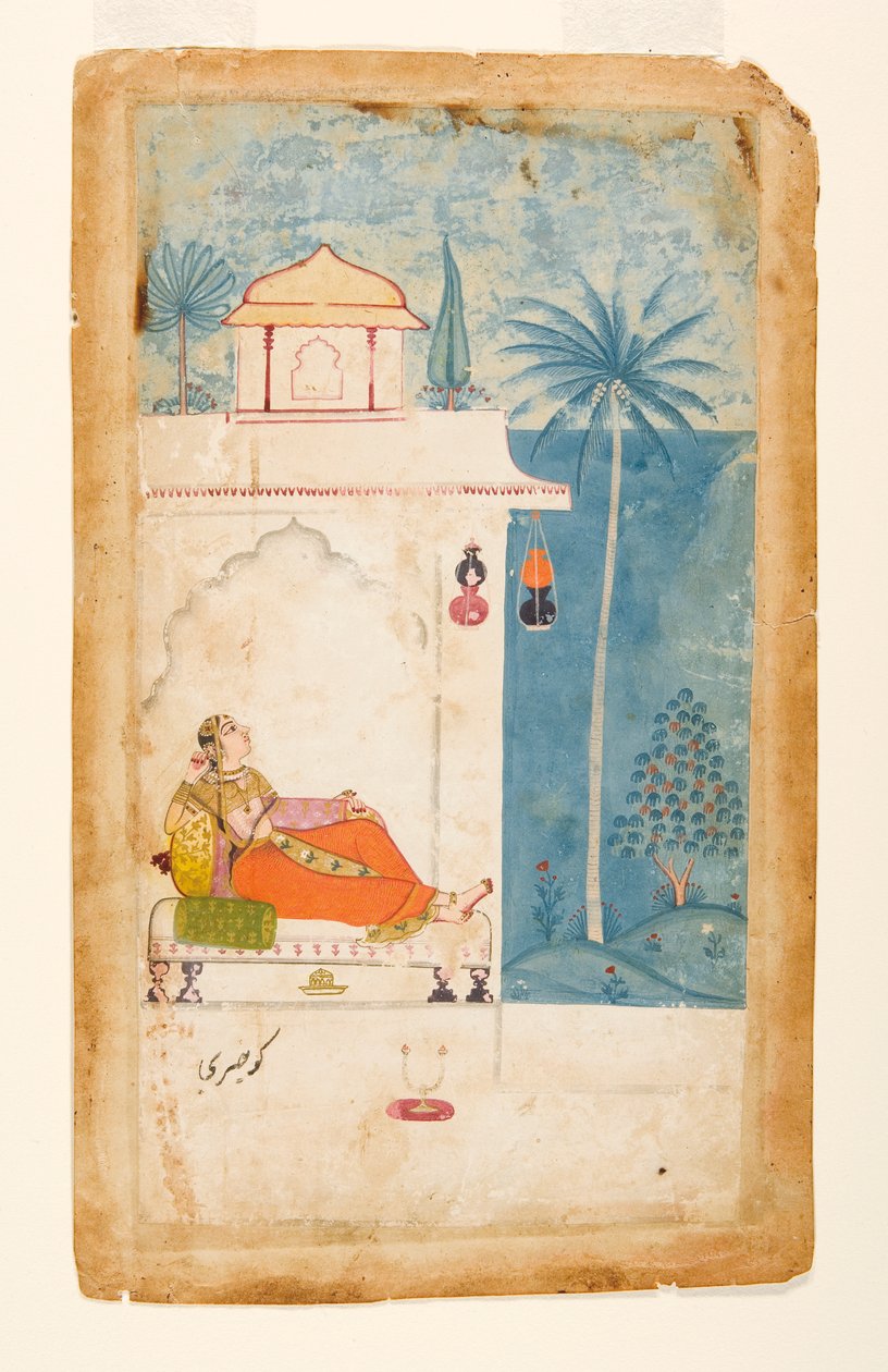 Gurjari Ragini fra Megh, C.140 (Opikue Vasi & guld på papir) af Indian School