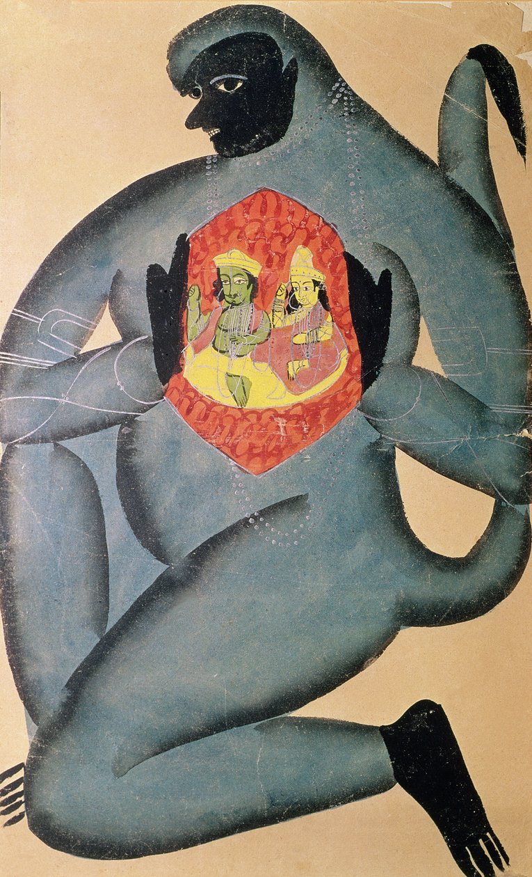 Hanuman afslører Rama og Sita i sit hjerte, malet af et medlem af Patua-kasten, 1880 af Indian School