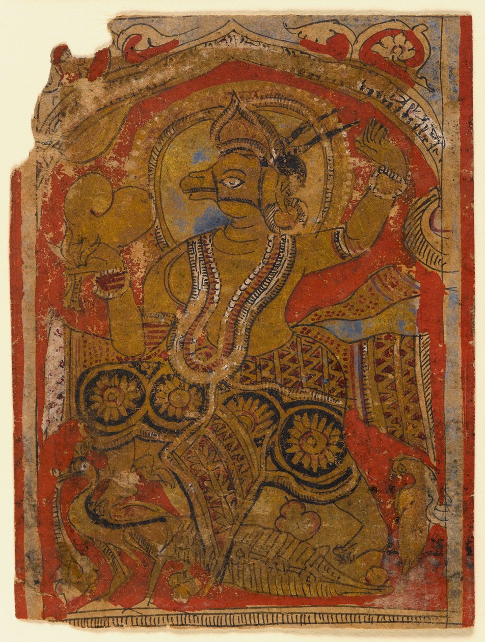 Harinegameshin bærer embryoet, fragment af et blad fra en spredt Kalpasutra (wc & guld på papir) af Indian School