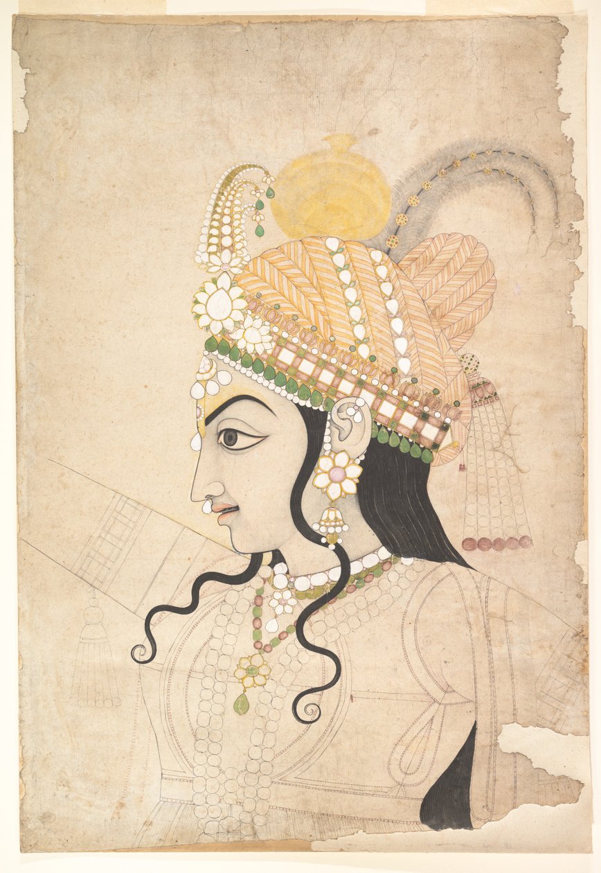 Head of Krishna: tegneserie til et vægmaleri af Raslila, ca. 1800 (blæk og akvarel på papir) af Indian School