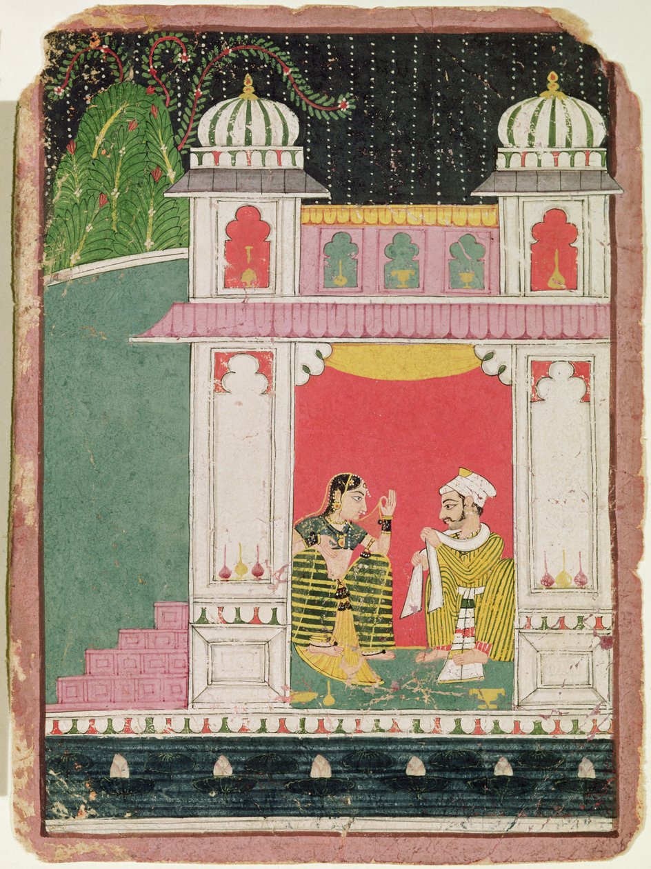 Heltinde og hendes elsker i en pavillon, ca. 1640-50 (blæk & wc på papir) af Indian School
