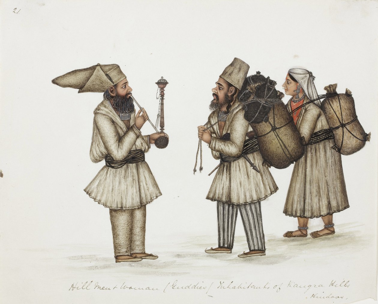Hill Men and Woman (Guddies) Inhabitants of Kangra Hills Hindoos, ca. 1840 (ugennemsigtigt wc på papir) af Indian School