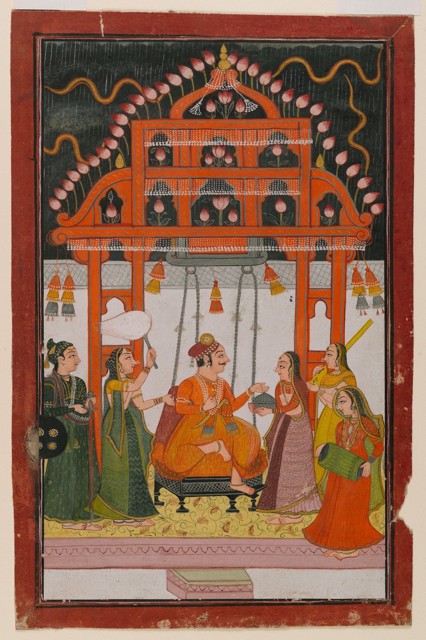 Hindola Raga, side fra en spredt Ragamala-serie, ca. 1830 (wc & metallisk maling på papir) af Indian School