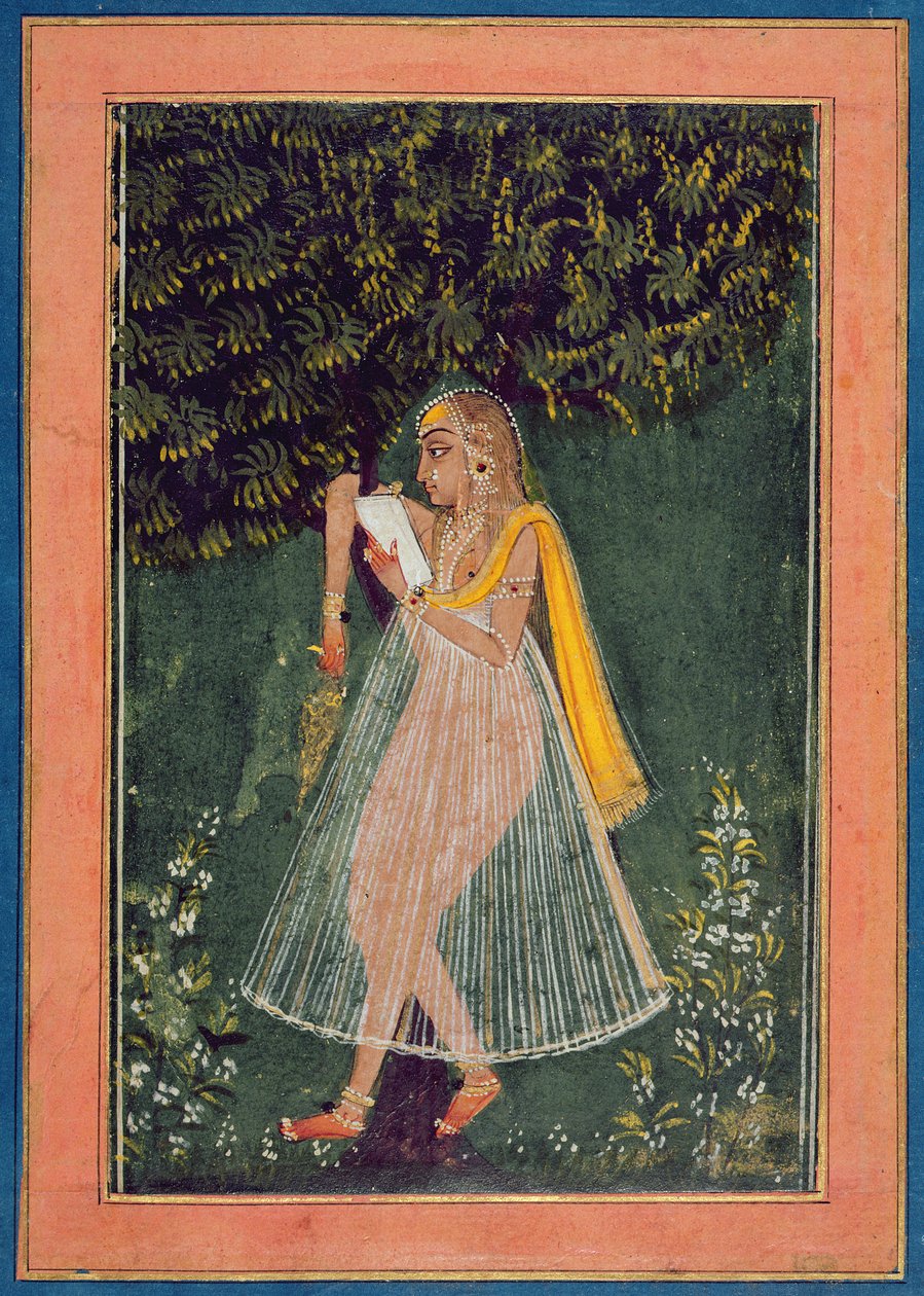 Hindu-dame læser et kærlighedsbrev under et træ (gouache, blæk og guld på papir) af Indian School