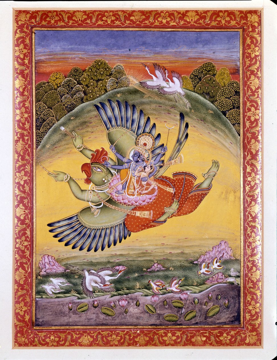 Hinduisme: repræsentation af fuglen Garuda, der bærer Vishnu (eller Vishnu), en stor hinduistisk guddom, og hans kone Lakhmi af Indian School