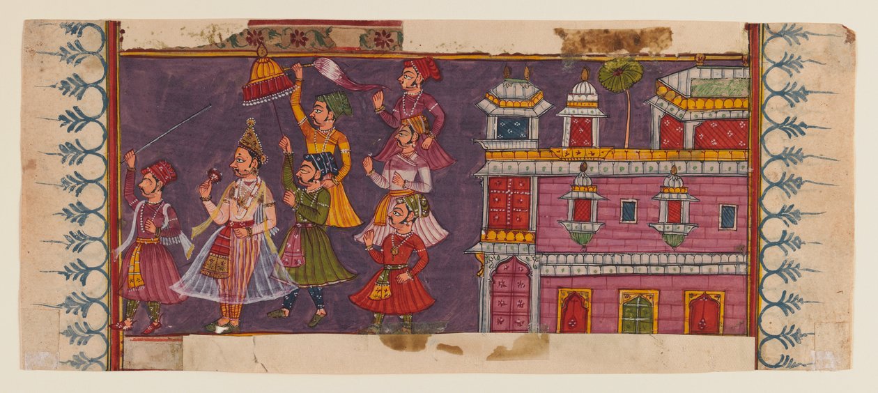Hellige mænd og hoffolk samles før en prins (ugennemsigtigt wc og guld på papir) (se 406510 for verso) af Indian School