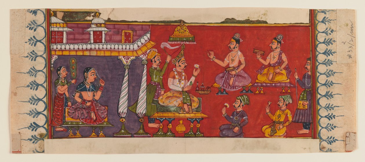 Hellige mænd og hoffolk samles foran en prins (ugennemsigtigt wc & guld på papir) (se 406509 for recto) af Indian School