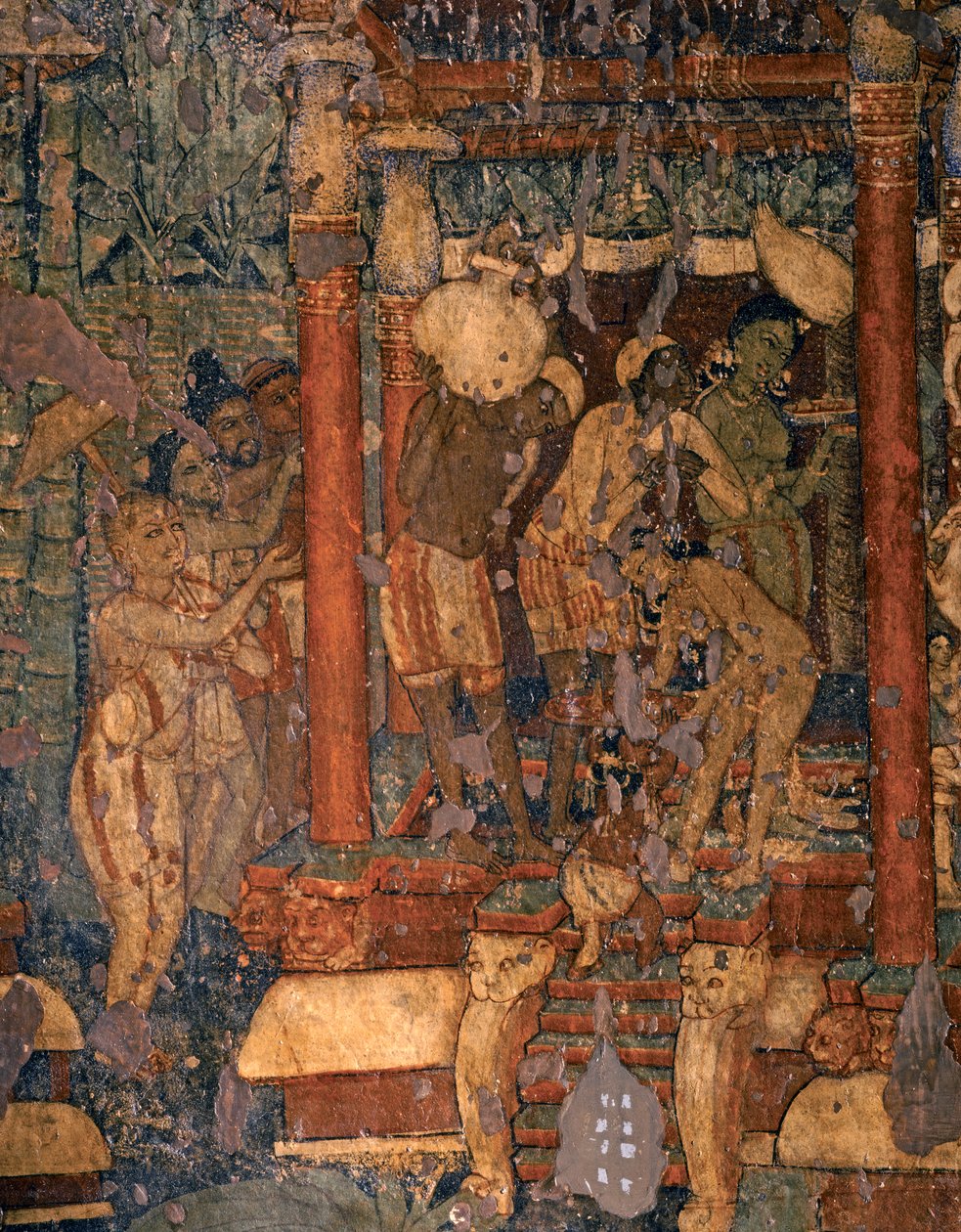 INDIENSK KUNST: Freske i den buddhistiske hule nr. 1, 5. - tidligt 6. århundrede (freske) af Indian School