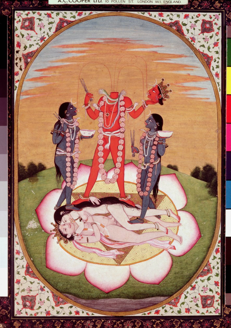 Ikon for Chinnamasta, Mahavidya, der opstår fra de sammenføjede kroppe af det oprindelige par, Kangra, ca. 1800 (gouache på papir) af Indian School