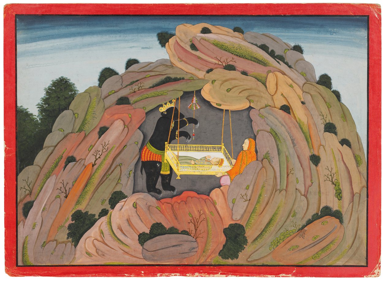 Illustration til Bhagavata Purana: Jambavan giver Symantaka juvelen til sin datter at spille, ca. 1760-65 af Indian School