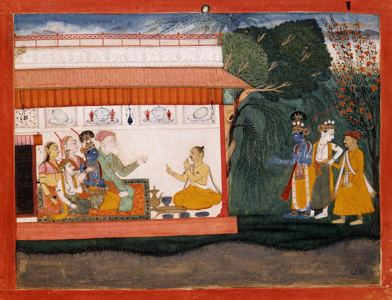 Illustration til Bhagvata Purana, der viser Balarama, der tager Akrura i hånden med sin yngre bror Krishna, ca. 1700 af Indian School