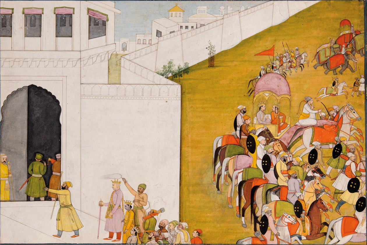 Illustration til Ramayana: Rama kommer ind i Mithila for at udføre en bueskydningskonkurrence, ca. 1775-80 af Indian School