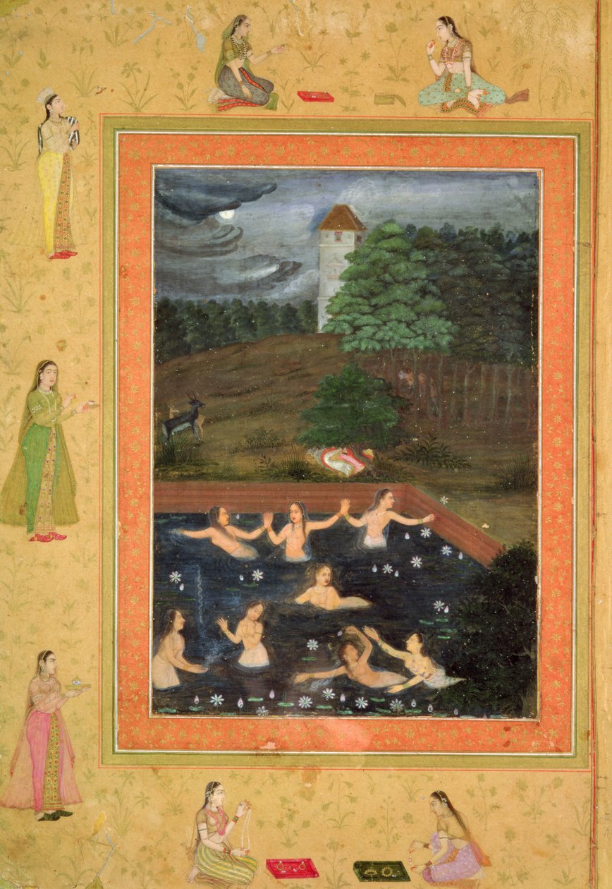 I. 07B.38r Otte kvinder, der bader, ca. 1650 (tilskrevet Payag) af Indian School