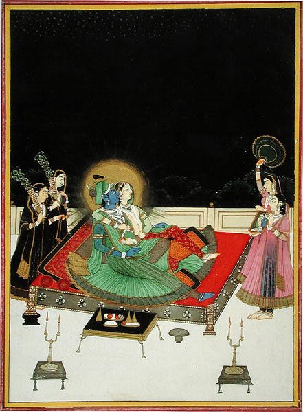 I. 67.23 Radha og Krishna beundrer sig selv i spejlet, ca. 1800 (vellum) af Indian School