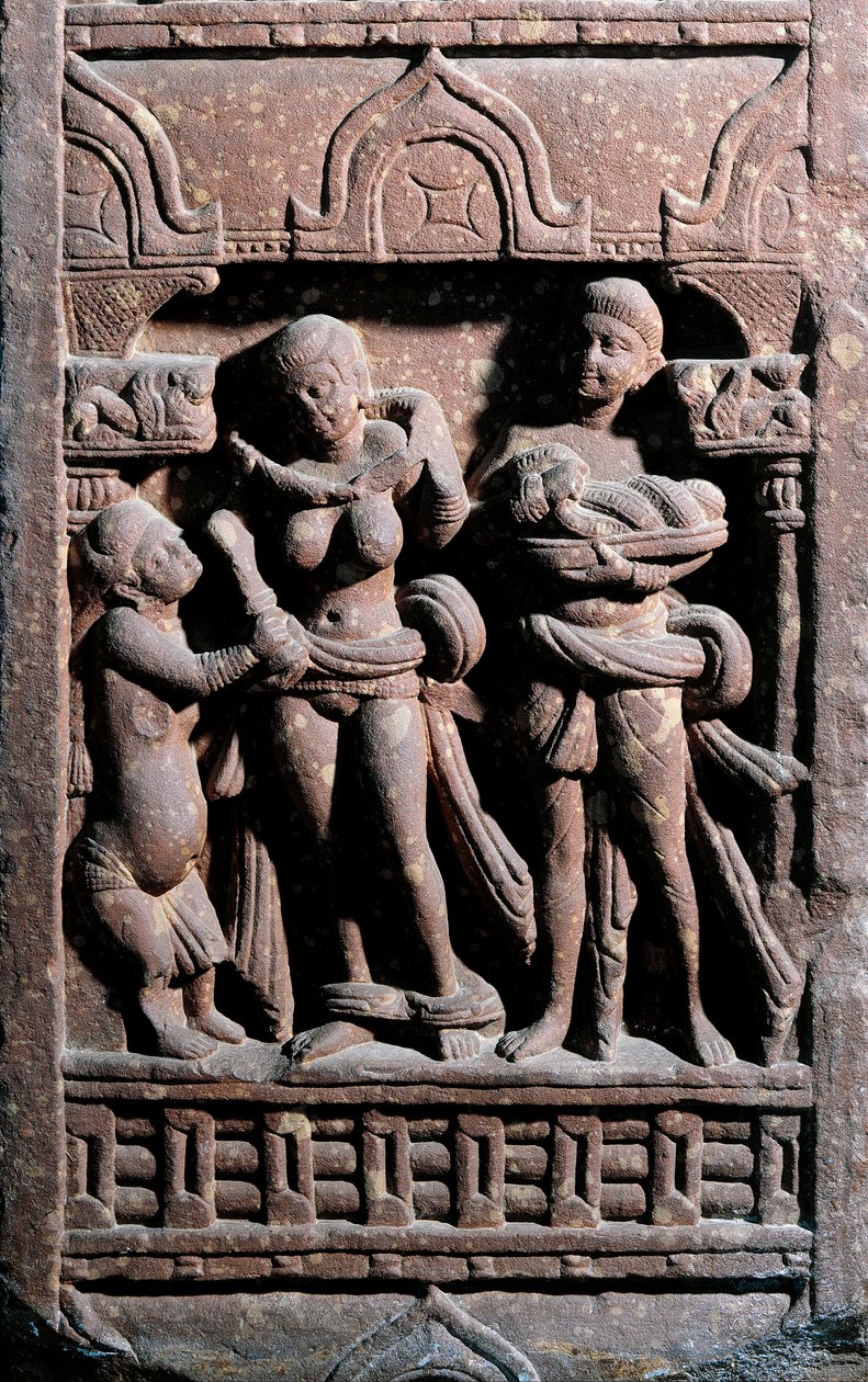 Indisk kunst: Sundernanda (Nanda) hjælper Sundari med at få sit toilet. Periode Kochne (Kushan og Kushan) af Indian School
