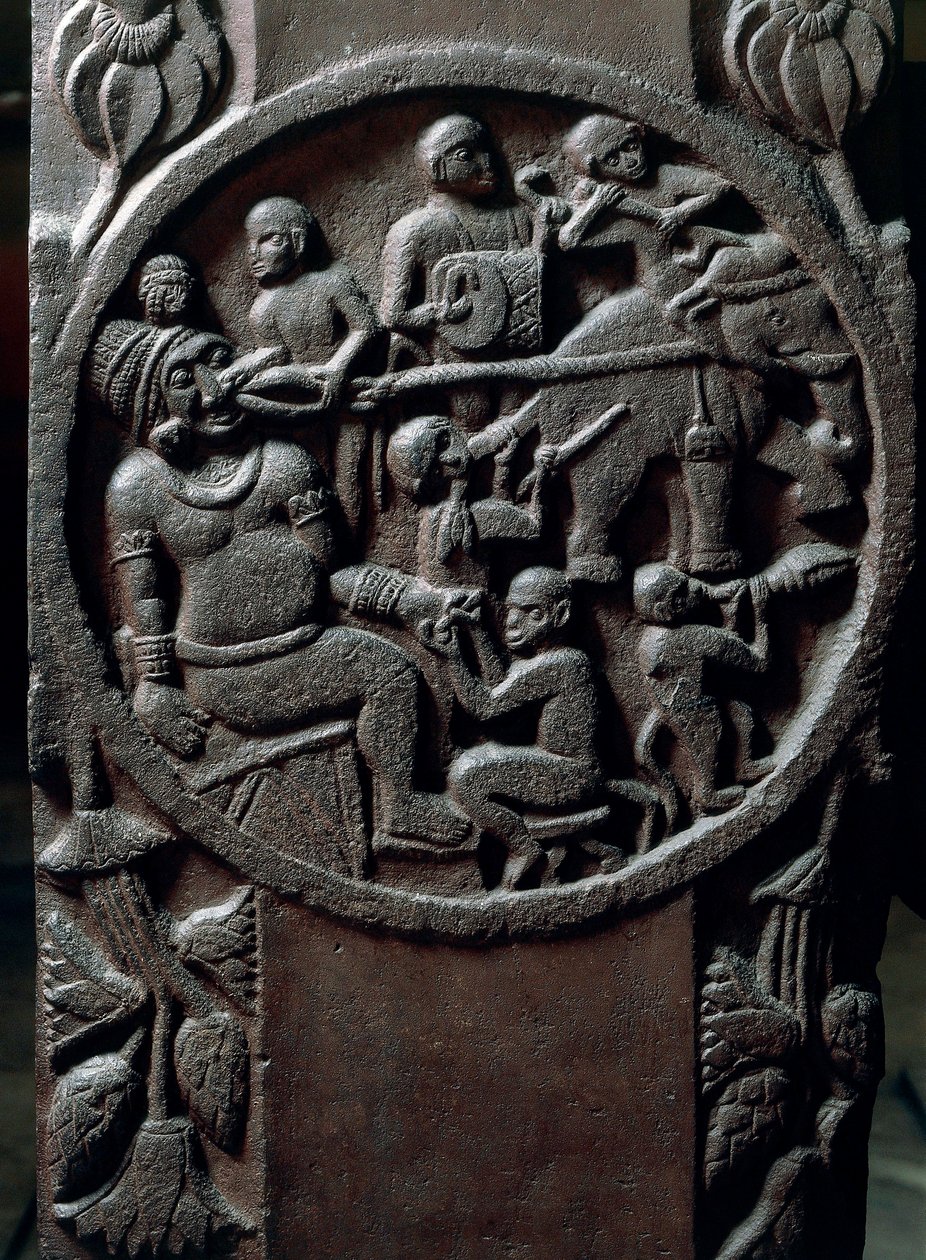 Indisk kunst, hinduisme: lavt relief, der repræsenterer aber, der river en tand fra en kæmpe ved hjælp af elefanter. 2. århundrede f.Kr. Kolkata, indisk museum af Indian School
