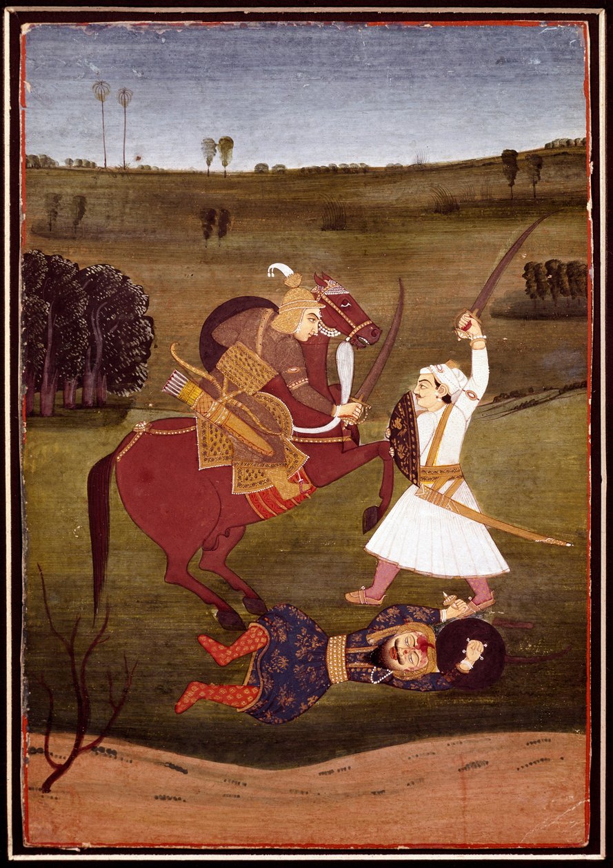 Indisk kunst: "" kamp mellem en prins til hest og en kriger""" En dæmon liggende på jorden. Miniature af skolen i Bikaner. 1765 Privat samling af Indian School