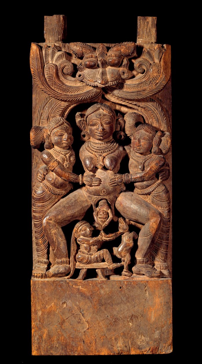 Indisk kunst: repræsentation af Mahamai, modergudinde, der føder. Trærelief fra 1700-tallets privatsamling af Indian School