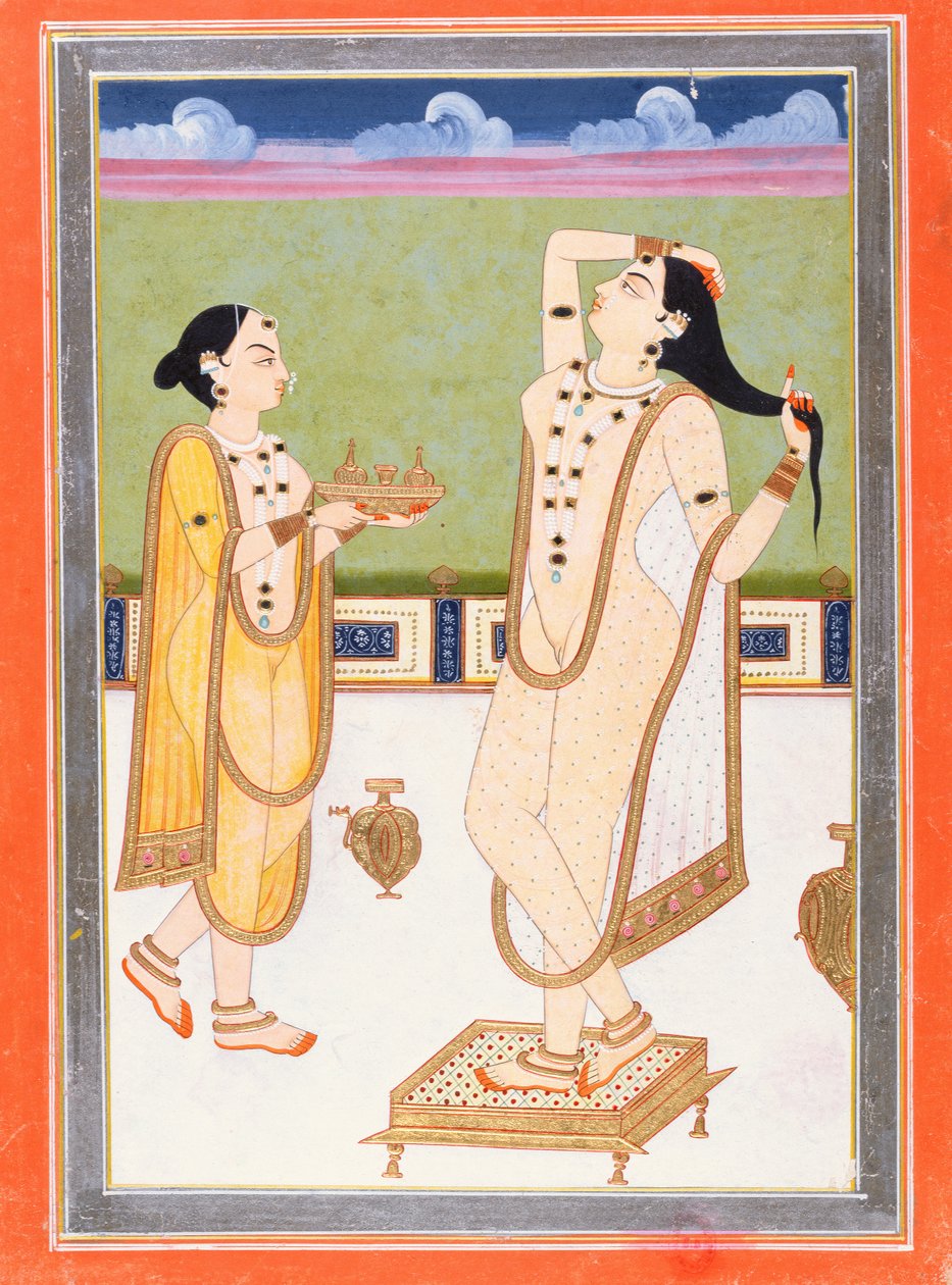 Indisk dame på sit toilet (gouache & bladguld på papir) af Indian School