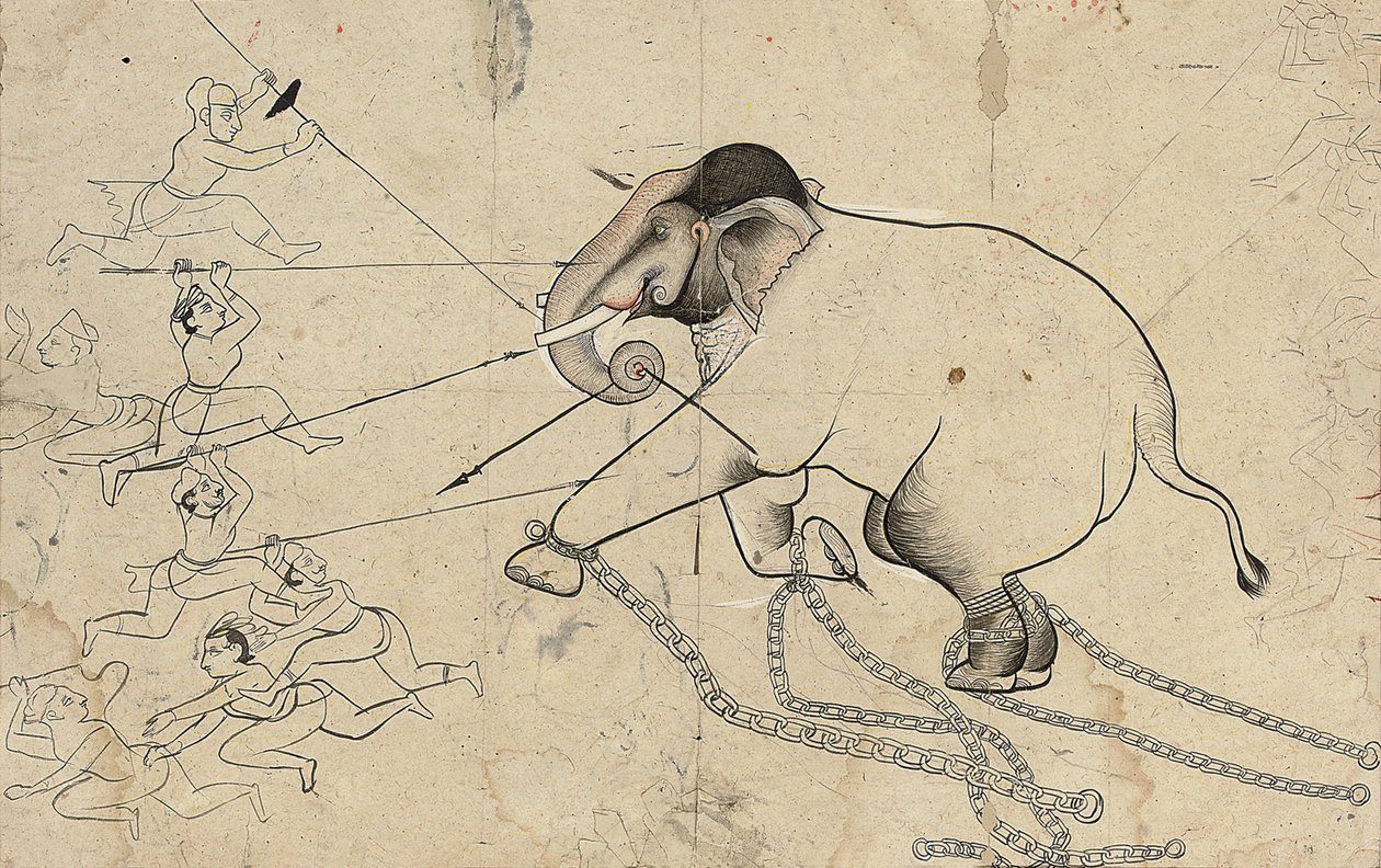 Isarda eller kotah forberedende tegning af tæmning af en elefant, ca. 1720 af Indian School