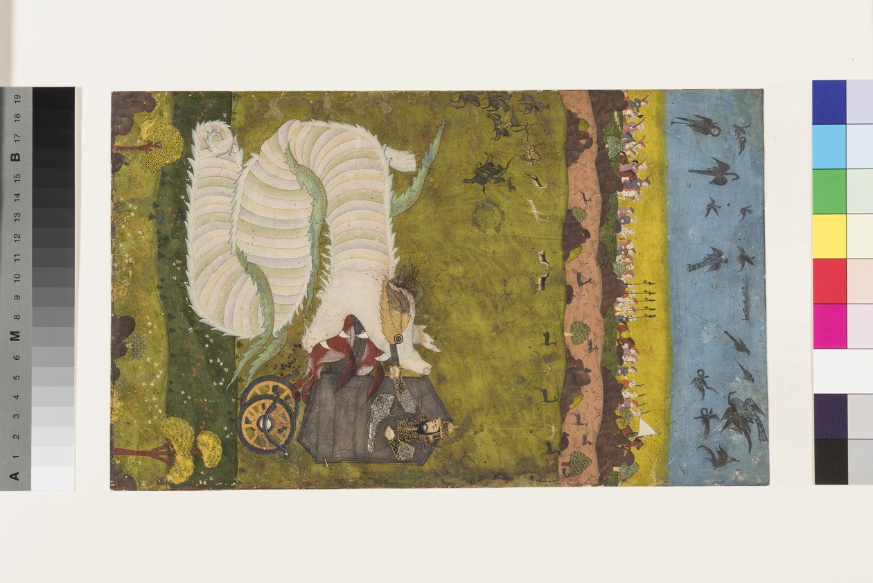 Isfandiyar angriber dragen, ca.1760 (uigennemsigtigt wc og guld på papir) af Indian School