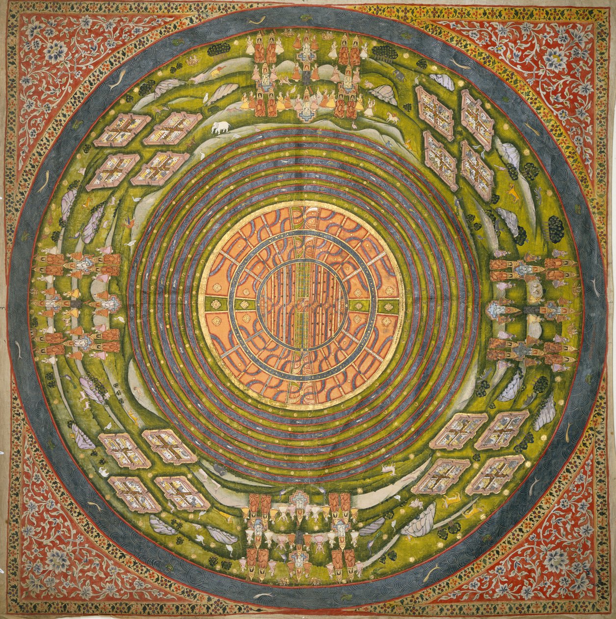 Jain-diagram over universet (Jambudvipa) (gouache på bomuldsklud) af Indian School