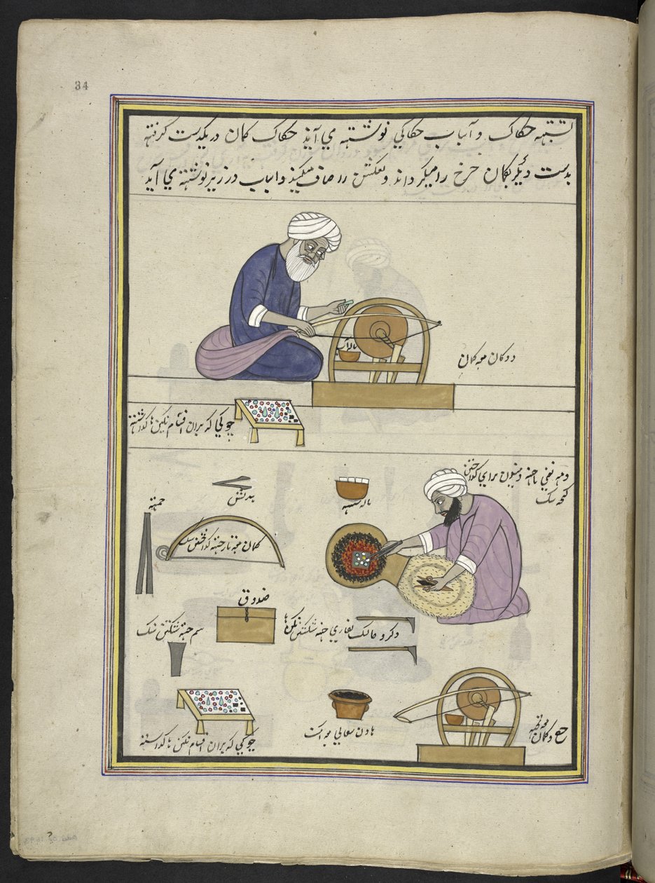 Juvelerer, der polerer ædelstene,  86 tegninger indbundet i et bind, der viser håndværk og erhverv i Kashmir, håndværkere vises i arbejde med deres redskaber og udstyr,  Af en Kashmir-kunstner, sandsynligvis i Srinagar, ca. 1850-60 (gouache på papir) af Indian School