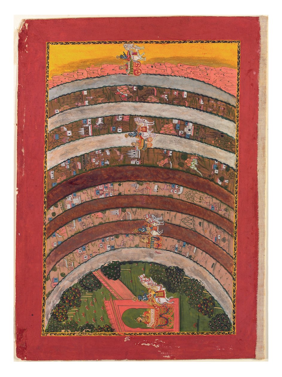 På rejse gennem ukendte lande, fra Krishnas rejser i hans vogn, ca. 1750 (ugennemsigtigt wc, guld og sølv på papir) af Indian School