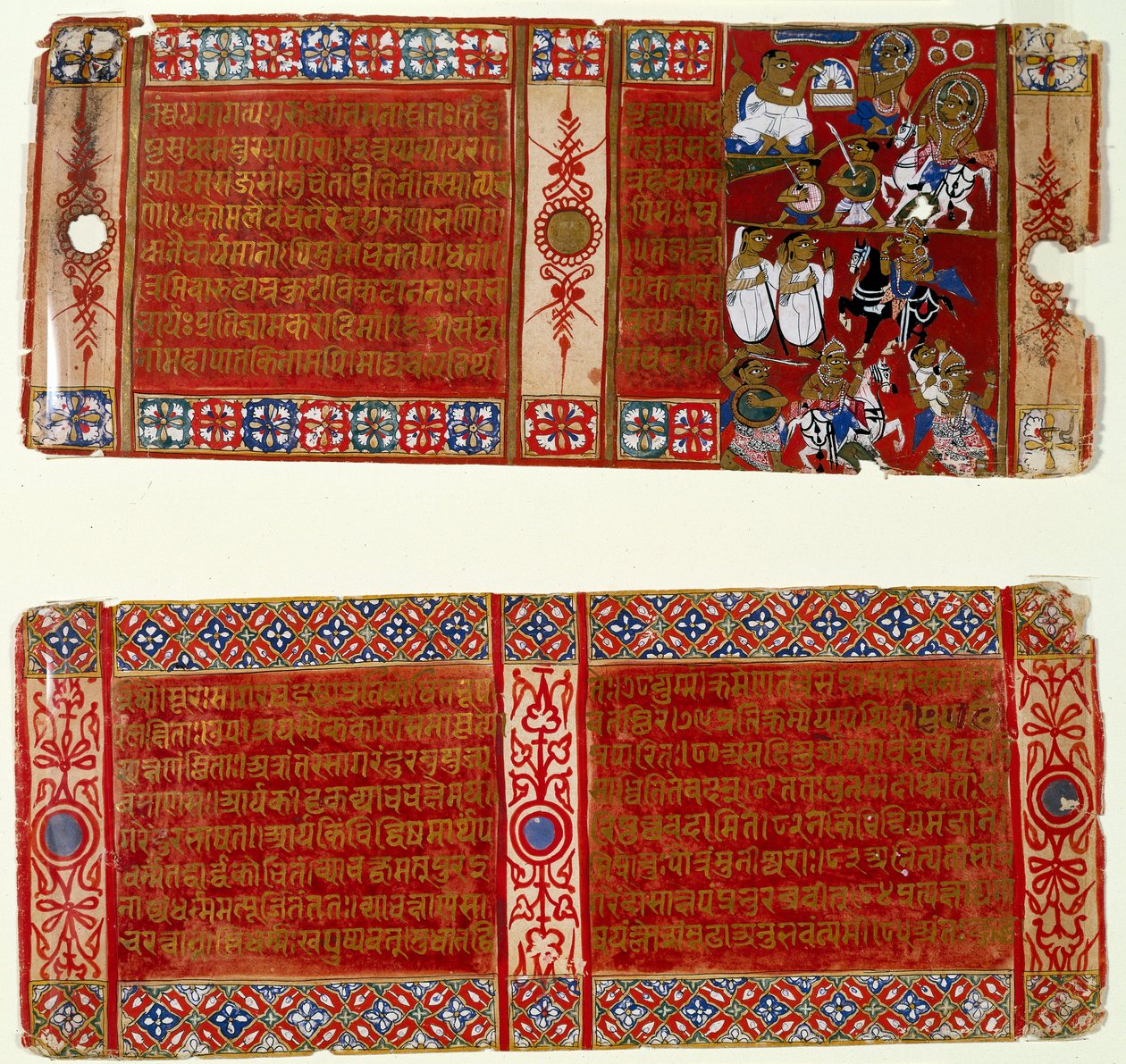 Kalaka bliver en jainsk munk; Kalaka bortfører nonnen, to blade fra et spredt Jain-manuskript af Kalakacharya-katha, Uttar Pradesh, ca. 1465 (wc & guld på papir) af Indian School