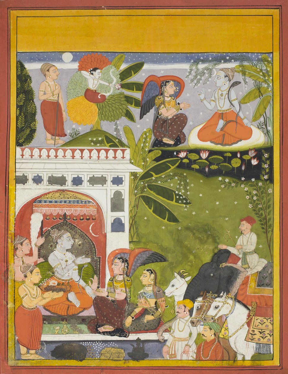 Kama skyder en kærlighedspil mod Shiva, side fra en kopi af Gita-Gauri, Song of Gauri, ca. 1675-80 af Indian School