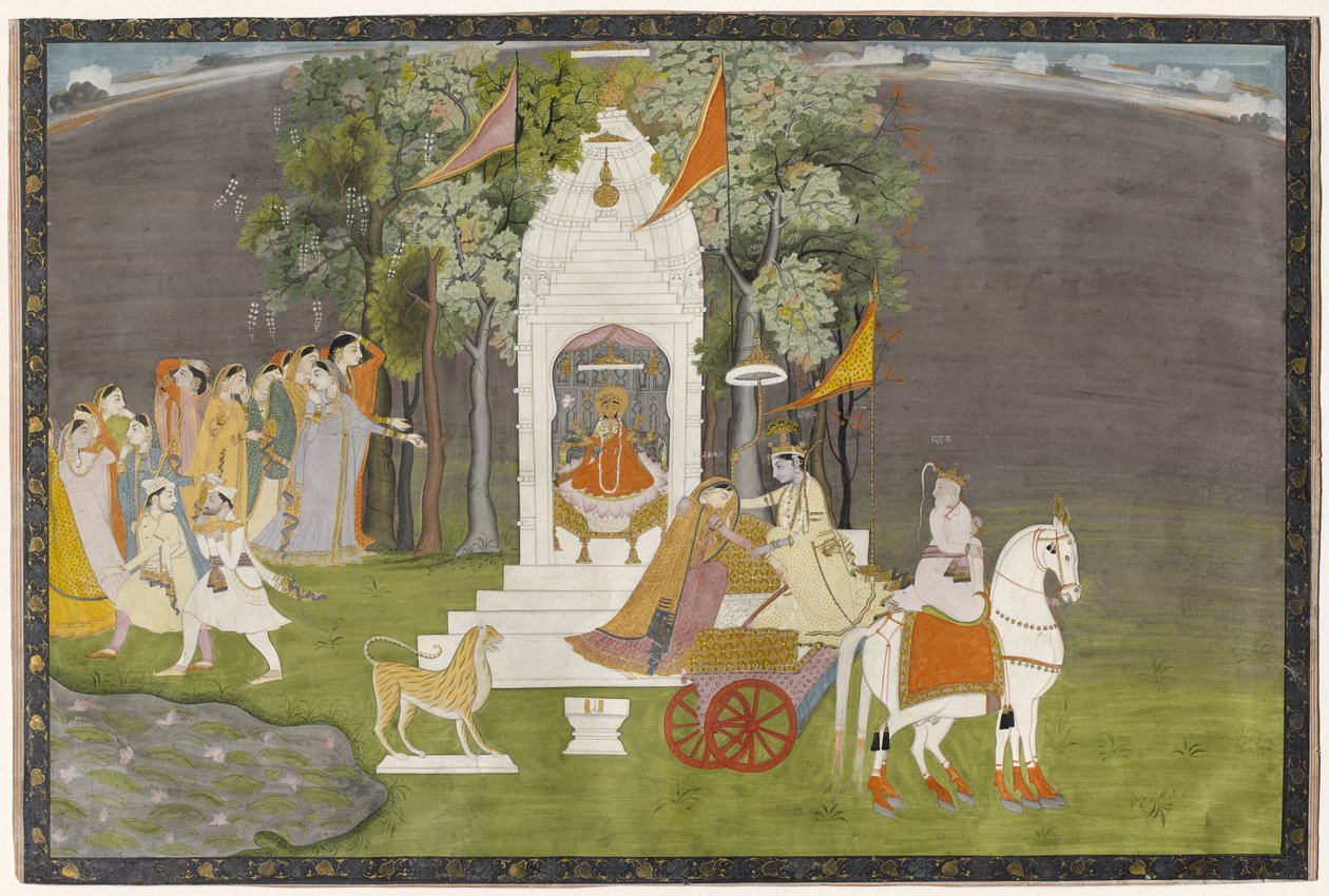 Krishna bortfører Rukmani fra templet, ca. 1810 (gouache med guld på papir) af Indian School