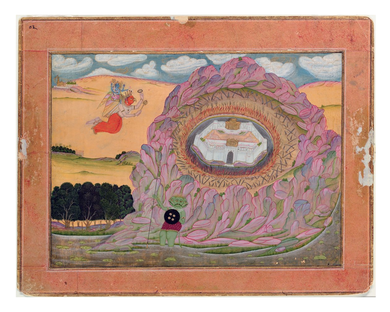 Krishna nærmer sig citadellet i Naraka, ca. 1710 (ugennemsigtigt wc & guld på papir) af Indian School