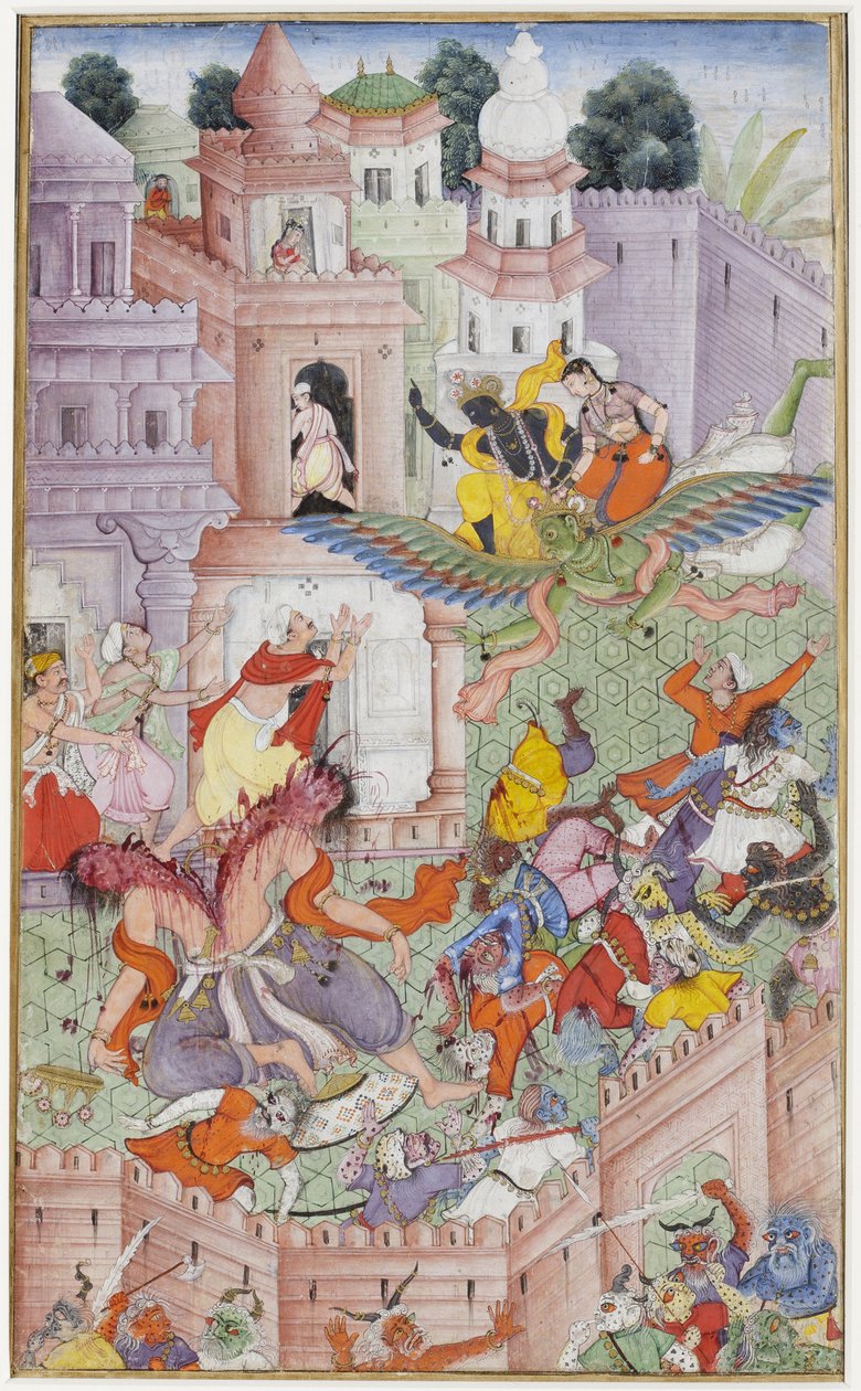 Krishna kløver Dæmonen Narakasura med sin Discus, ca. 1585-90 (ugennemsigtigt wc & guld på papir) af Indian School