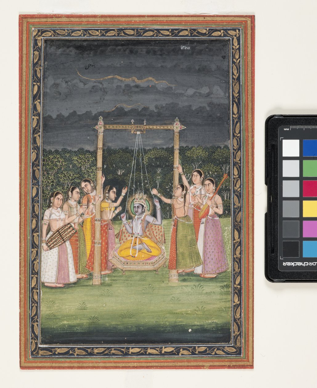 Krishna Rendezvous With Gopis (gouache og bladguld på papir) af Indian School