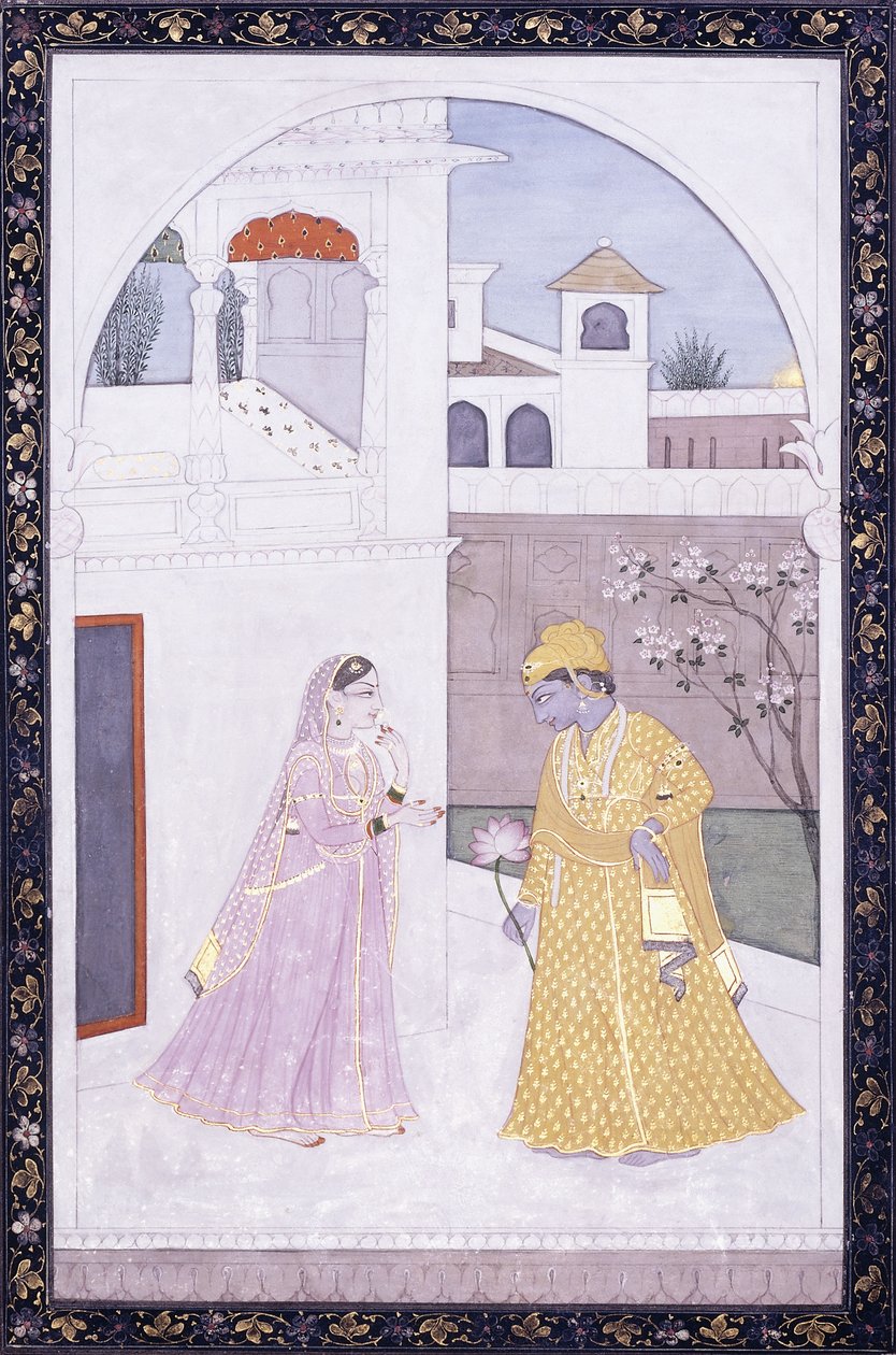 Krishna står og holder en lotusblomst, hans elsker i en lyserød Sari, ca. 1800 af Indian School