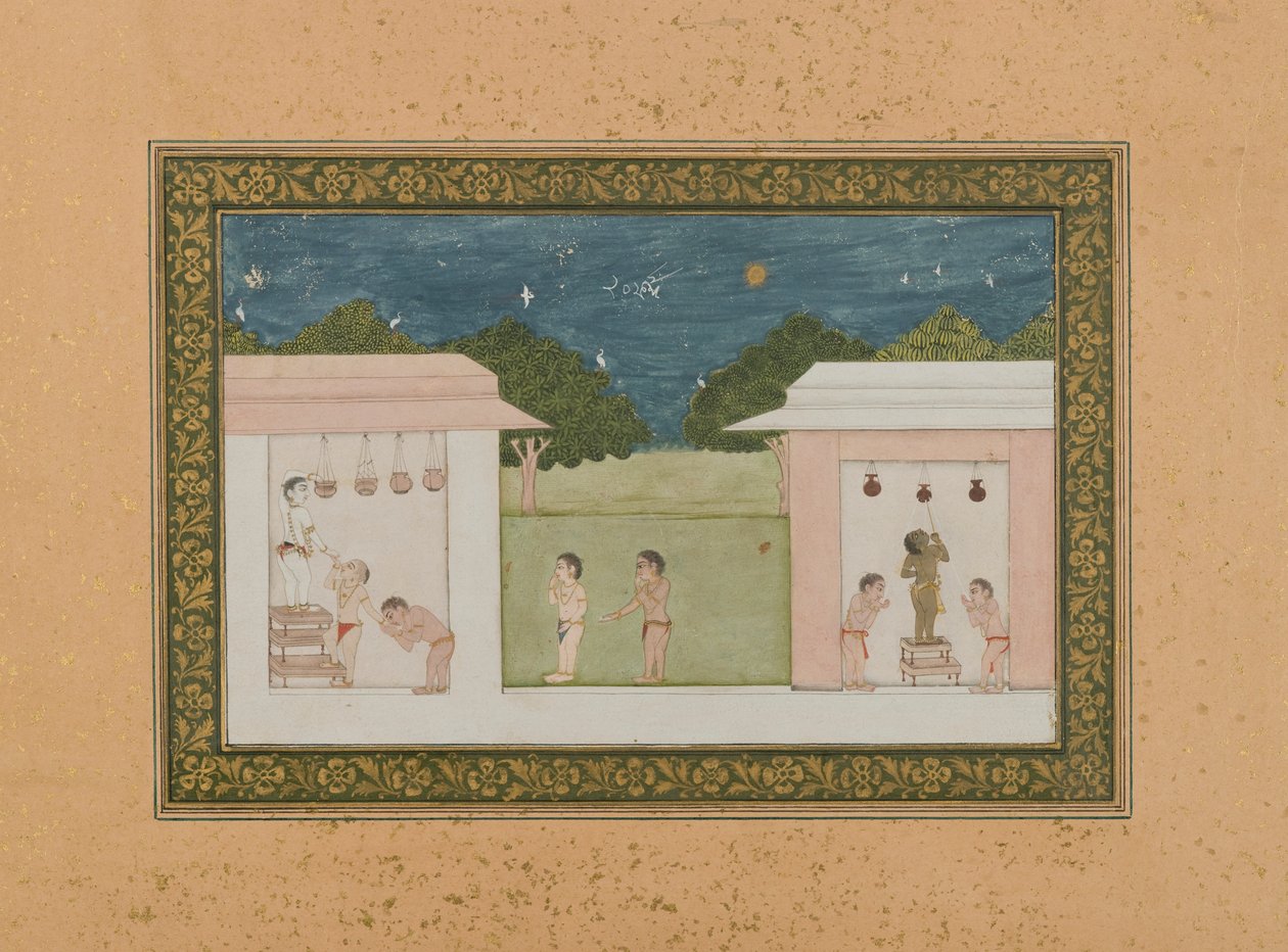 Krishna Stealing Curds, ca. 1775 (ugennemsigtigt wc & guld på papir) af Indian School