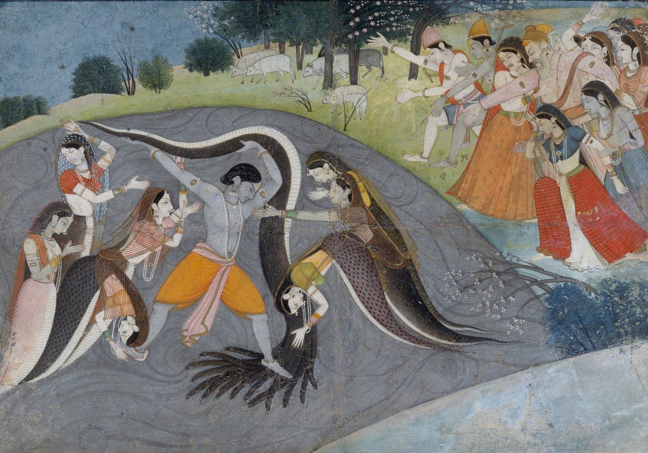 Krishna undertrykker Kaliya, Slangedæmonen, ca. 1785 af Indian School