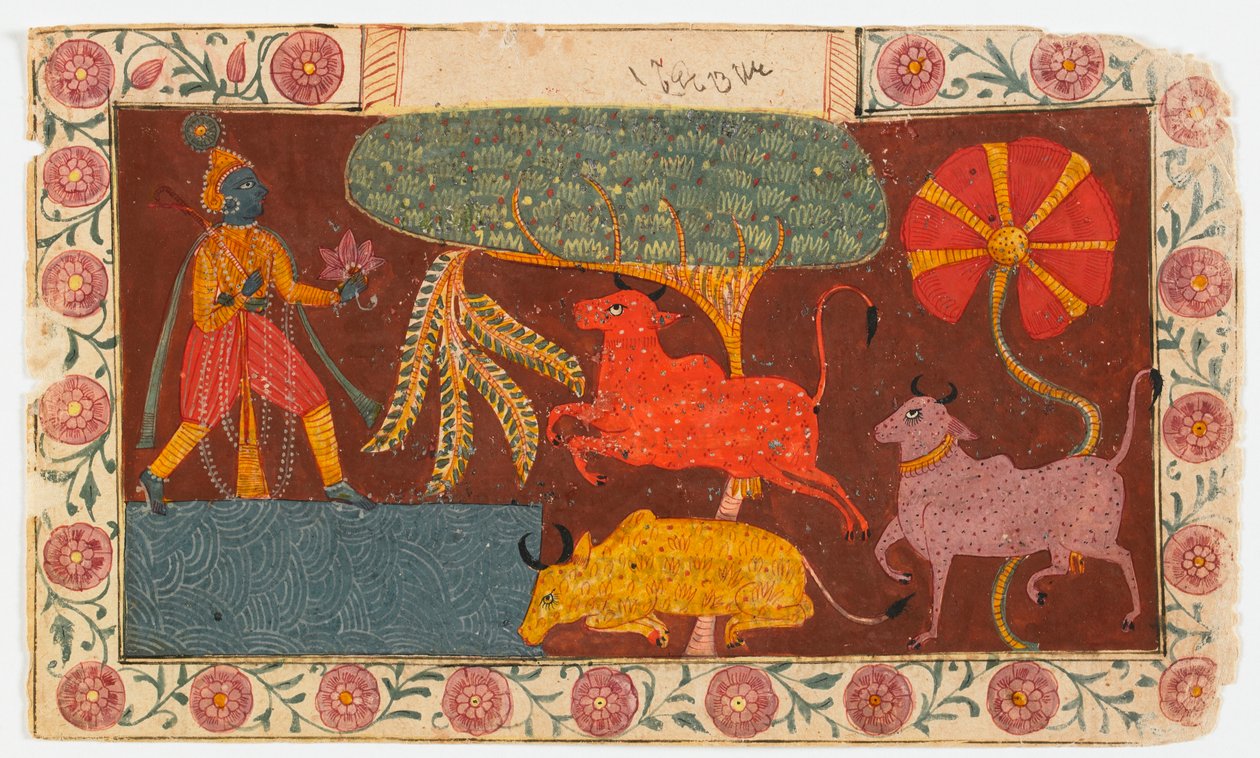 Krishna og køer ved en dam, fra en Bhagavata Purana (ugennemsigtigt wc på papir) af Indian School