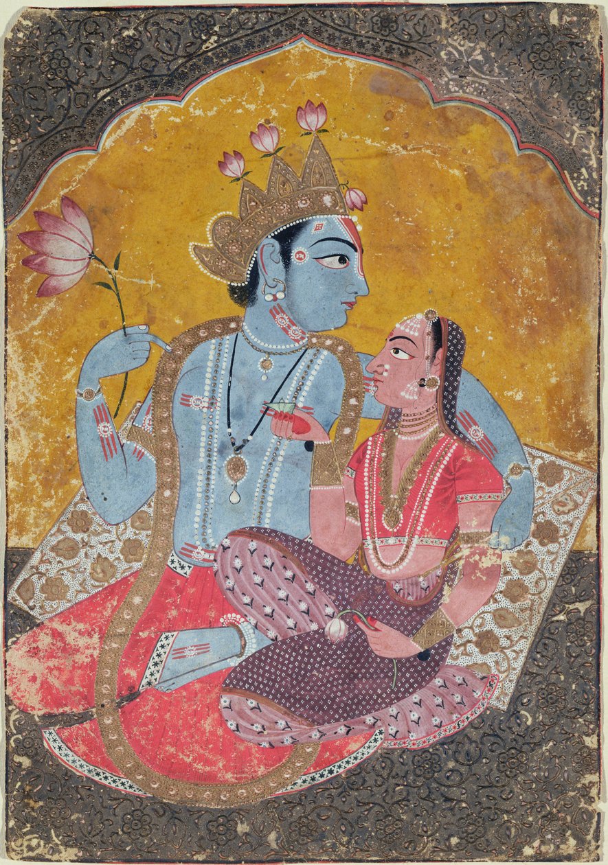 Krishna og Radha, ca. 1690-1700 (ugennemsigtigt toilet med præget guld på papir) af Indian School