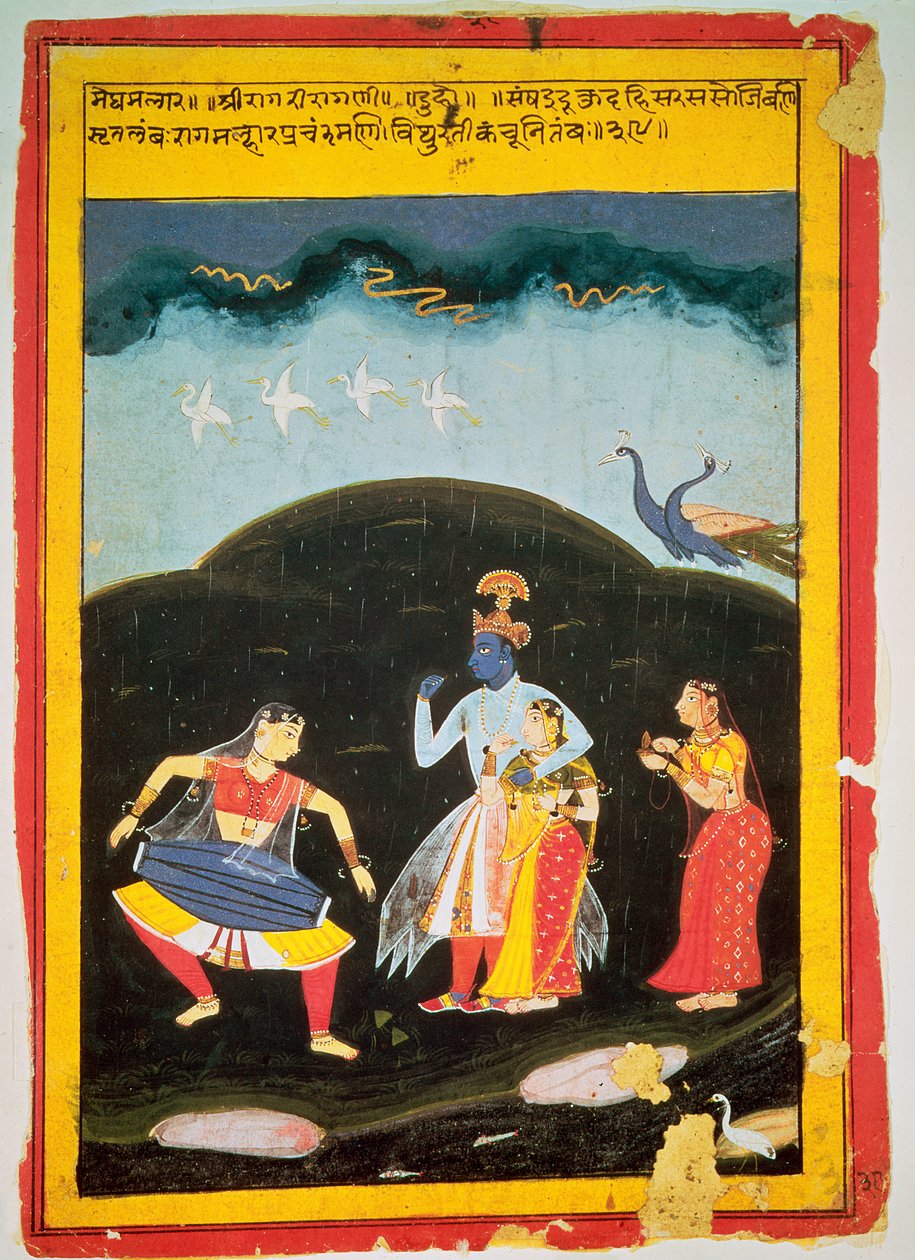 Krishna og Radha i regnen med to musikere, Rajasthan af Indian School