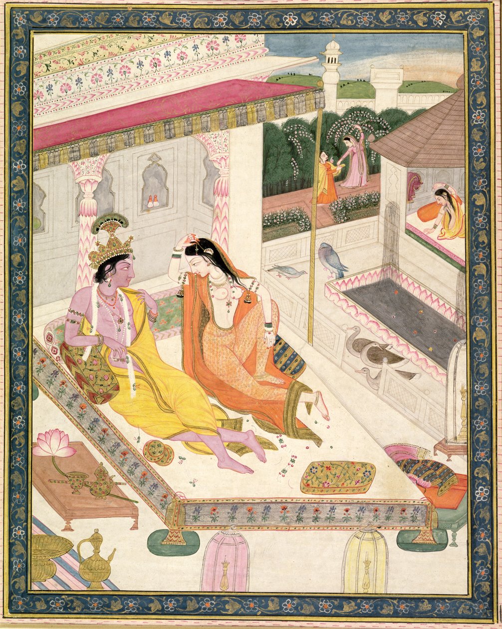 Krishna og Radha på en seng i et mogul-palads, Punjab, ca. 1860 af Indian School