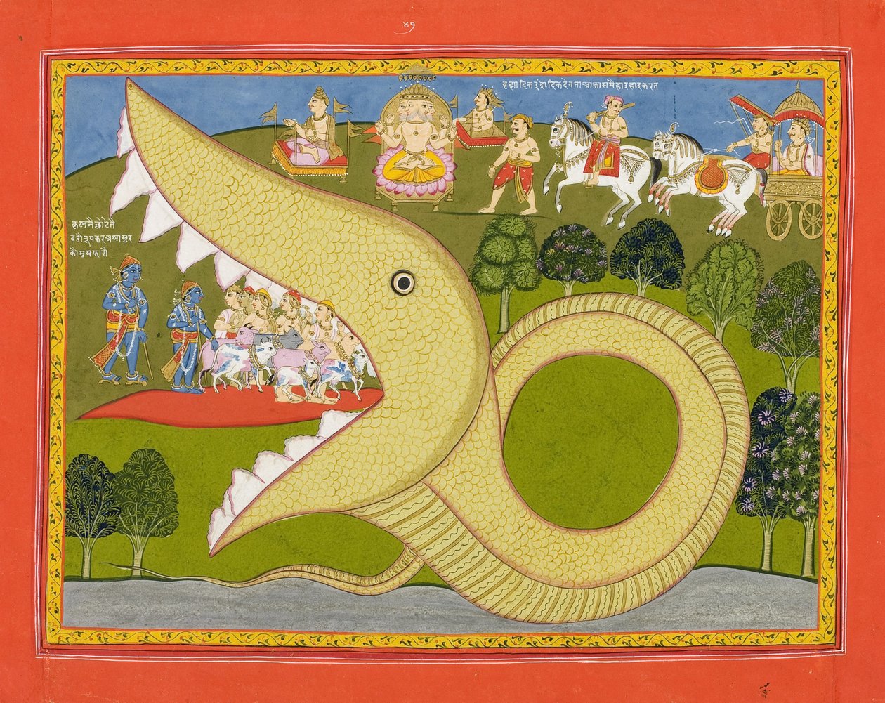 Krishna og kohyrderne går ind i Agasuras mund, ca. 1800 (ugennemsigtigt wc & guld på papir) af Indian School