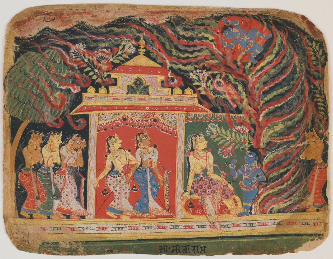 Krishna båret bort af hvirvelvindsdæmonen fra en Bhagavata Purana. c.1520-30 (ugennemsigtigt wc på papir) af Indian School