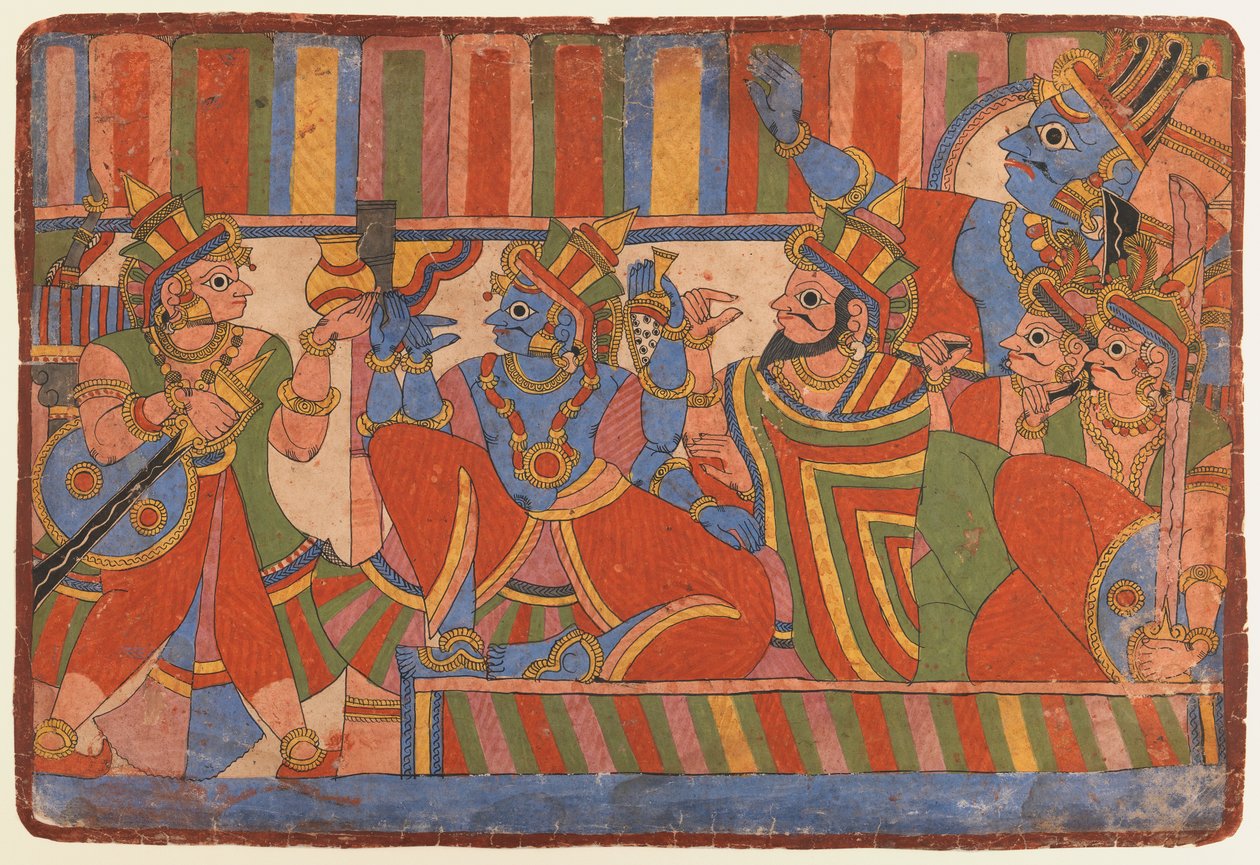 Krishna rådgiver Pandava-lederne, ca. 1830-50 (ugennemsigtigt wc på papir) af Indian School