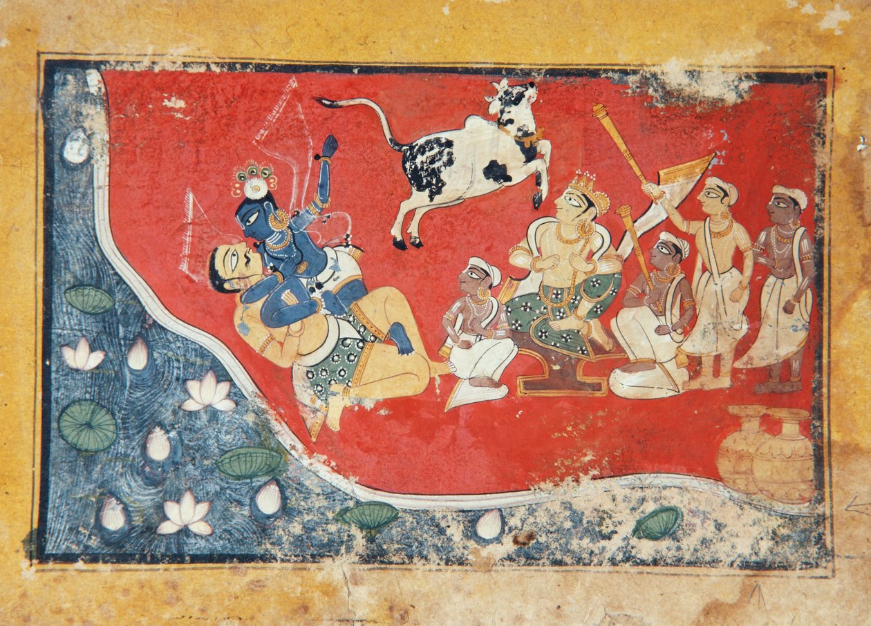 Krishna besejrer en dæmon ved siden af en flod, ca. 1560 (ugennemsigtigt wc på papir) af Indian School